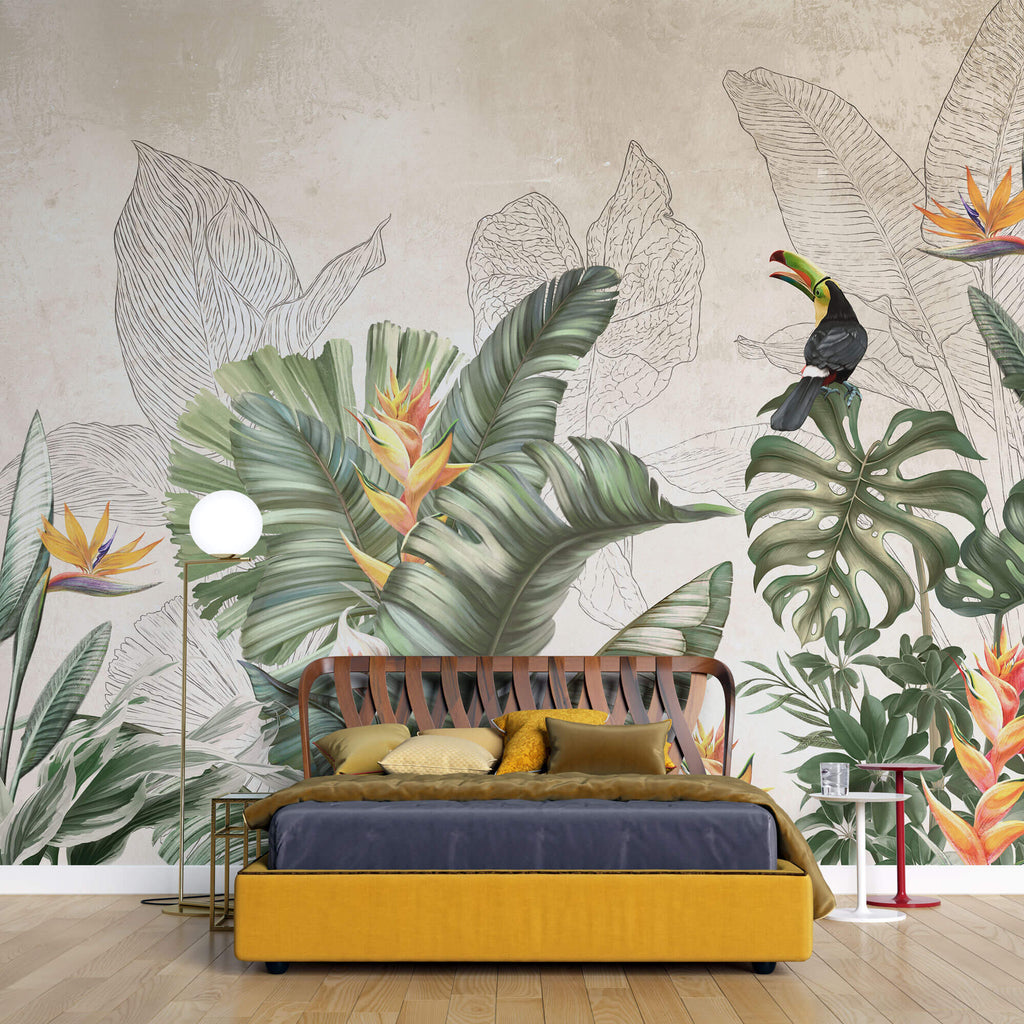 Tapet personalizat Tropical cu plante verzi si papagali exotici - TROPICAL DRAWING
