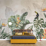 Tapet personalizat Tropical cu plante verzi si papagali exotici - TROPICAL DRAWING