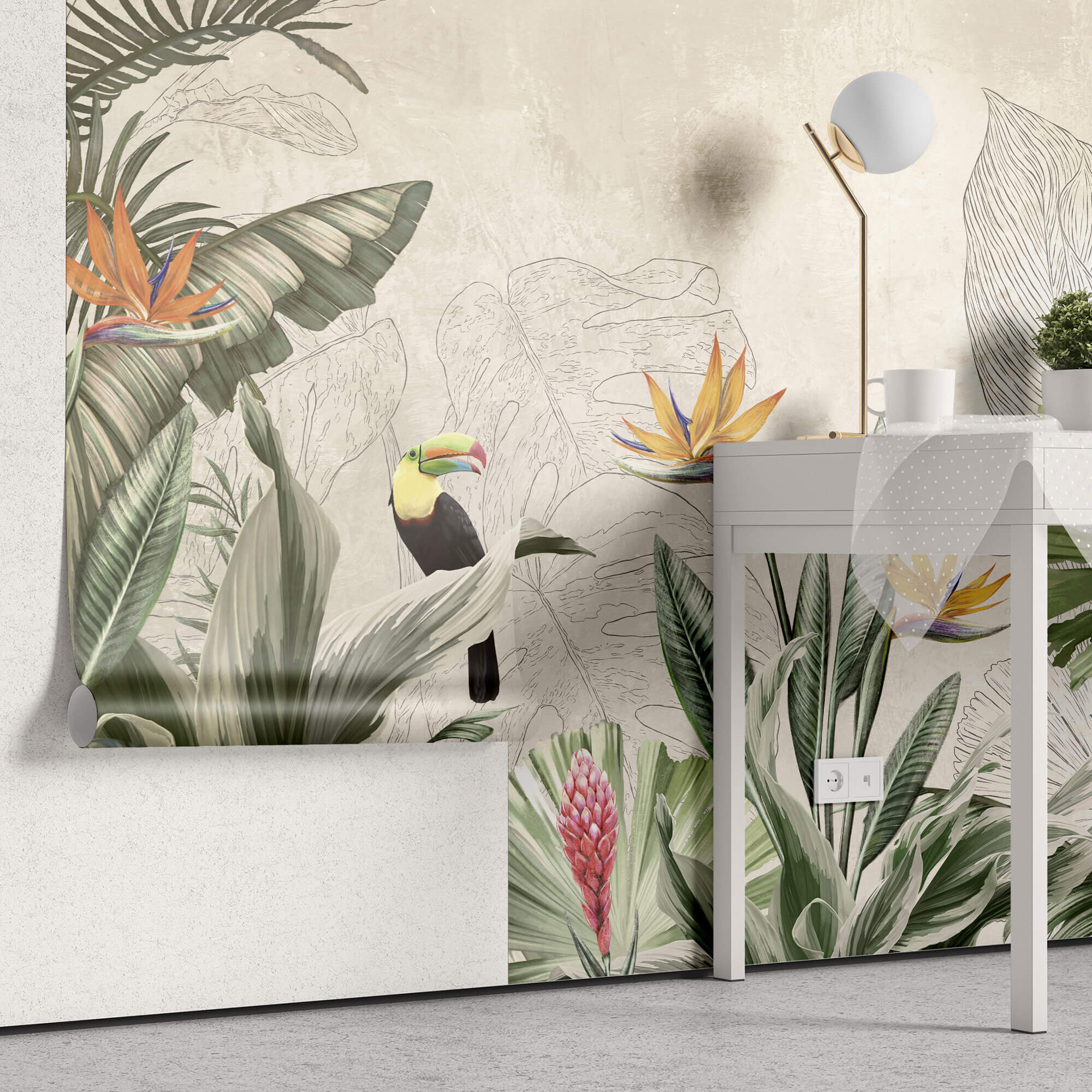 Tapet personalizat Tropical cu plante verzi si papagali exotici - TROPICAL DRAWING
