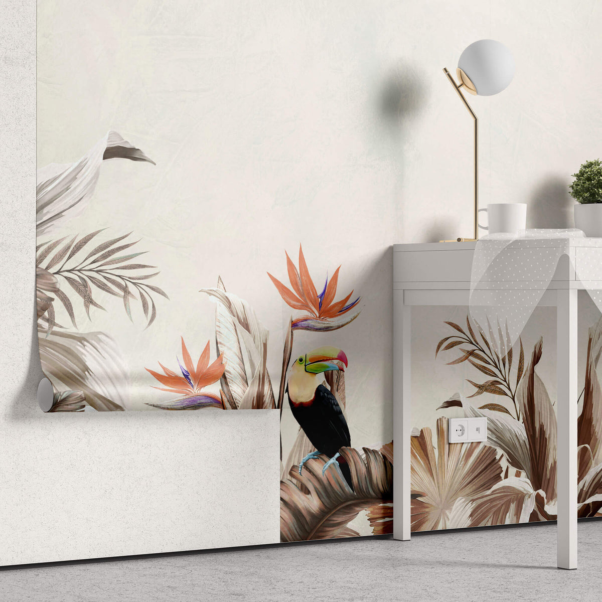 Tapet personalizat Tropical cu plante in nuante rozalii si papagli exotici - CORAL JUNGLE
