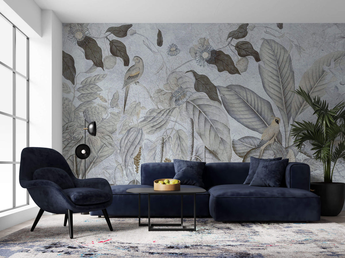 Tapet personalizat Tropical cu pasari si fructe exotice in nuante de albastru-gri - TROPICAL BLUE MURAL