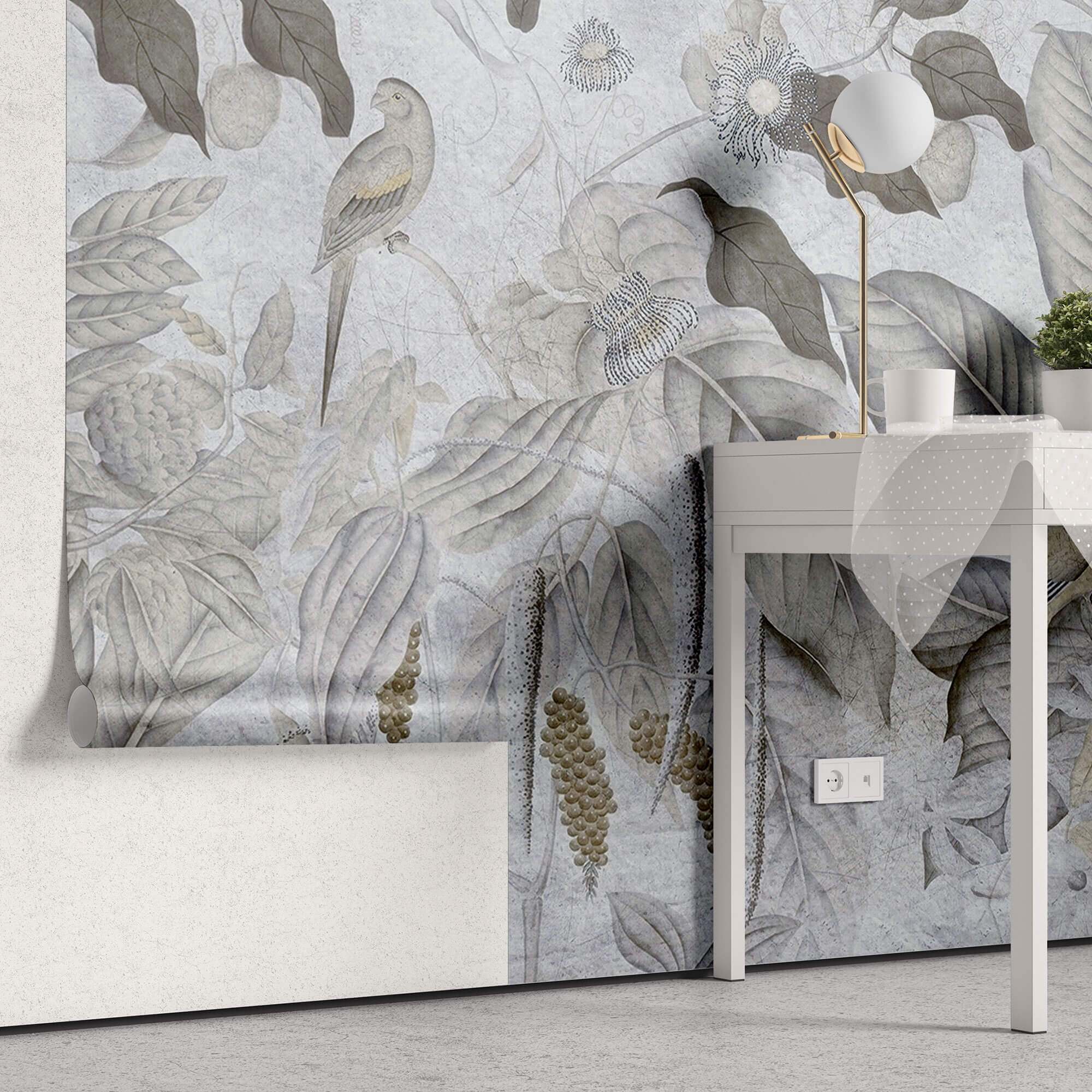Tapet personalizat Tropical cu pasari si fructe exotice in nuante de albastru-gri - TROPICAL BLUE MURAL
