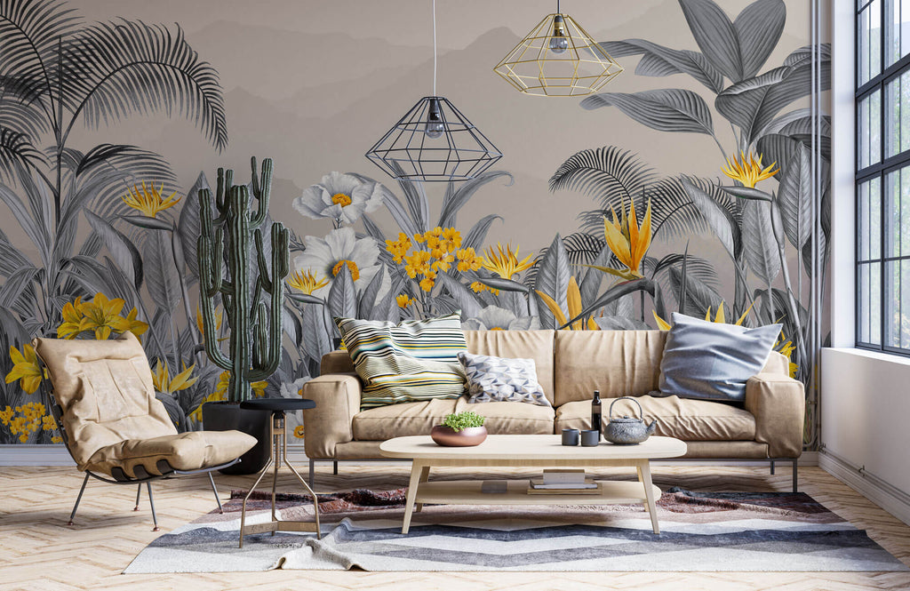Tapet personalizat Tropical cu peisaj montan tropical cu flori galbene si plante gri - YELLOW FLOWERISH JUNGLE