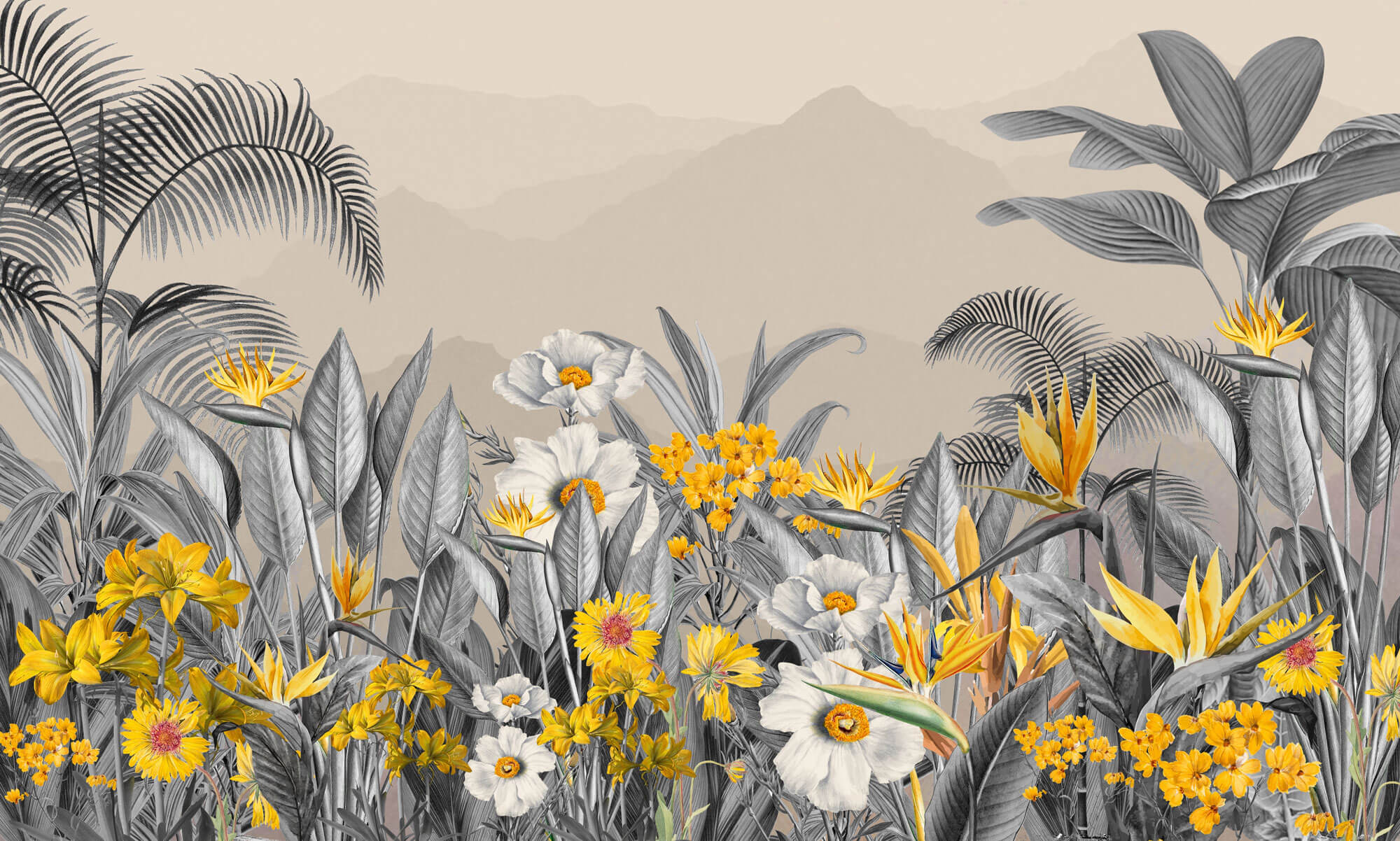 Tapet personalizat Tropical cu peisaj montan tropical cu flori galbene si plante gri - YELLOW FLOWERISH JUNGLE