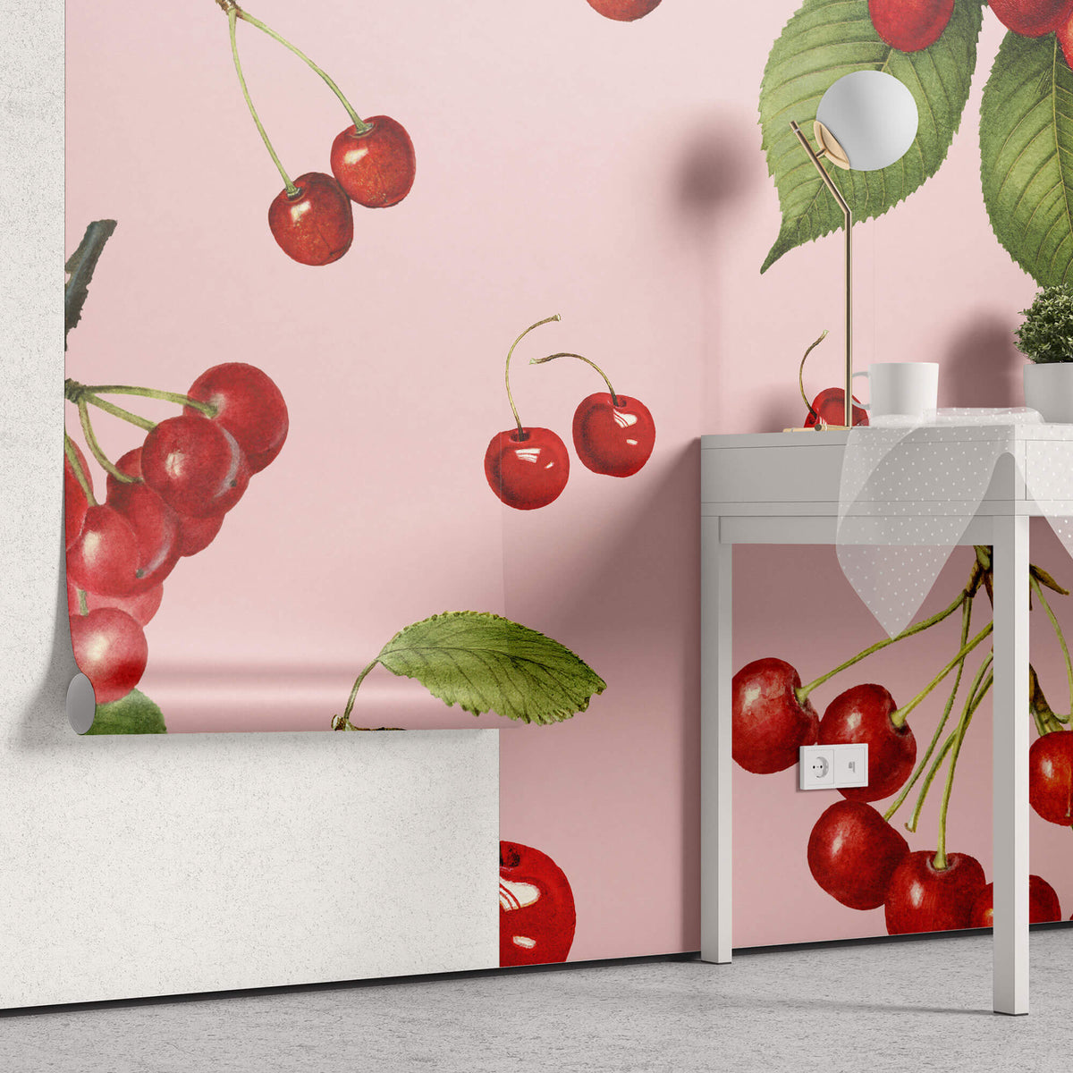 Tapet personalizat cu Fructe cu cirese rosii pe un fundal roz - CHERRY PINK
