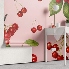 Tapet personalizat cu Fructe cu cirese rosii pe un fundal roz - CHERRY PINK