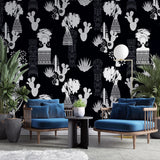 Tapet personalizat african abstract cu motive africane cactusi si agave pe fundal negru african abstract black