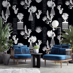 Tapet personalizat african abstract cu motive africane cactusi si agave pe fundal negru african abstract black