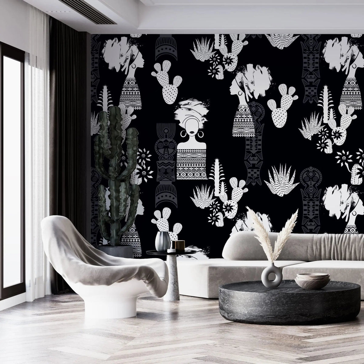 Tapet personalizat african abstract cu motive africane cactusi si agave pe fundal negru african abstract black