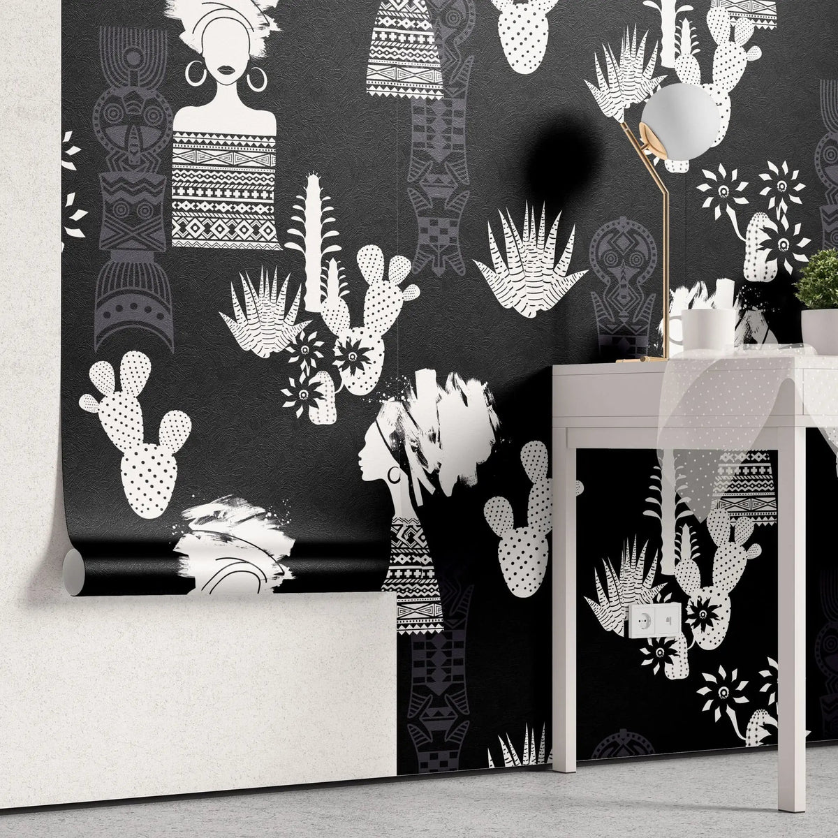 Tapet personalizat african abstract cu motive africane cactusi si agave pe fundal negru african abstract black