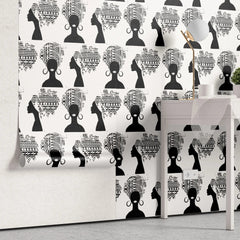 Tapet personalizat african abstract cu femeie cu turban african pe fundal alb african woman