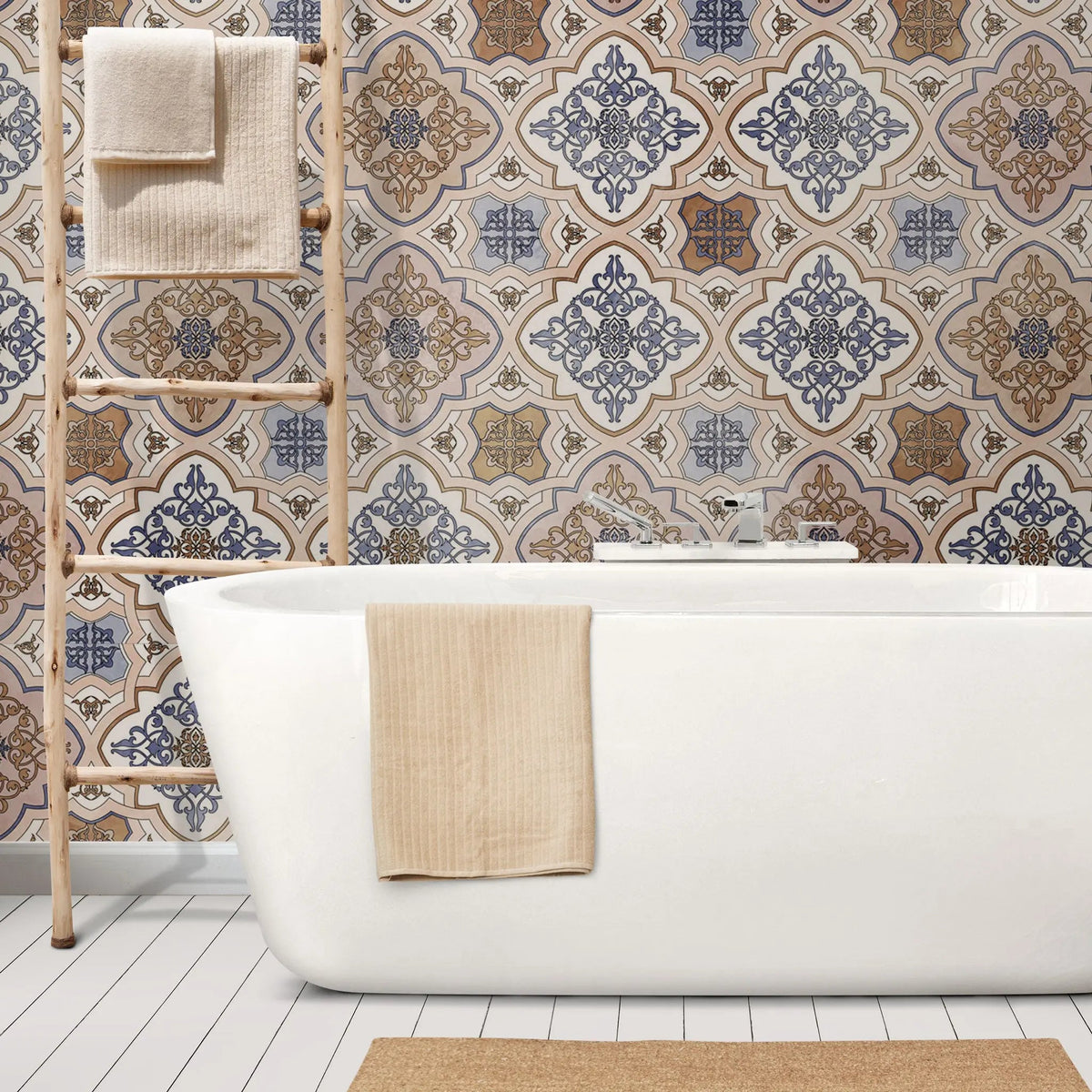 Tapet personalizat oriental cu model de inspiratie arabica damascan in nuante calde placute light damask