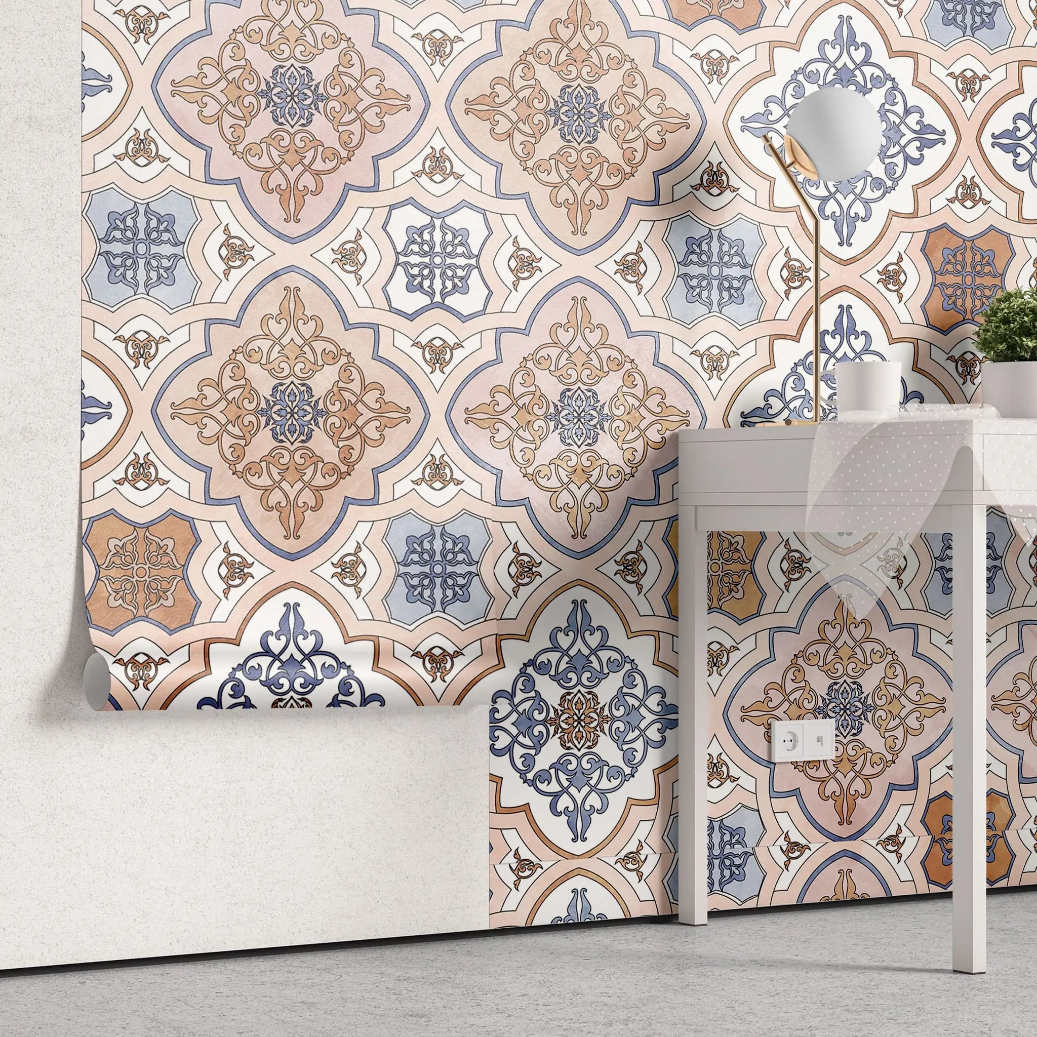 Tapet personalizat oriental cu model de inspiratie arabica damascan in nuante calde placute light damask