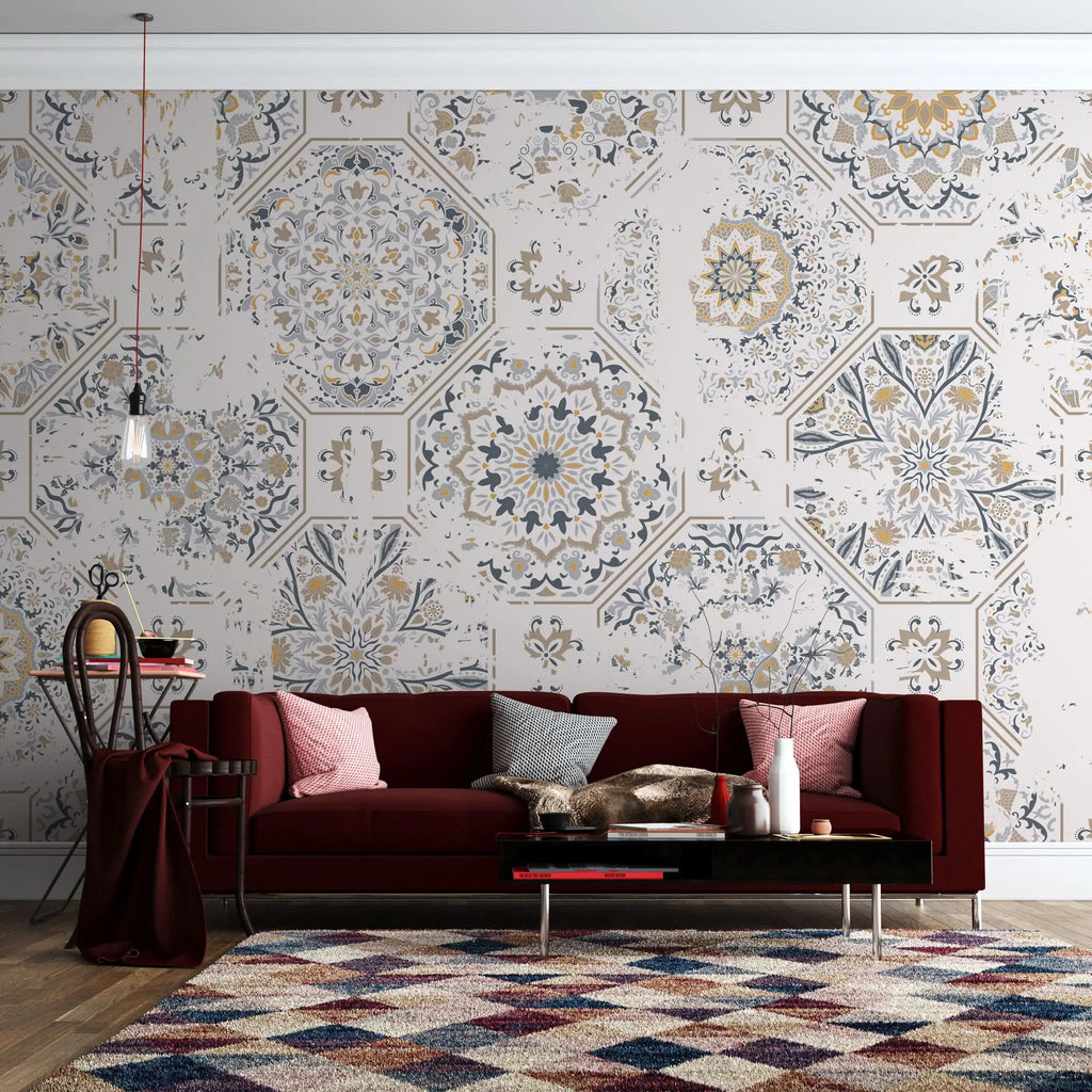 Tapet personalizat oriental cu modele de mandle in culori deschise warm mandala