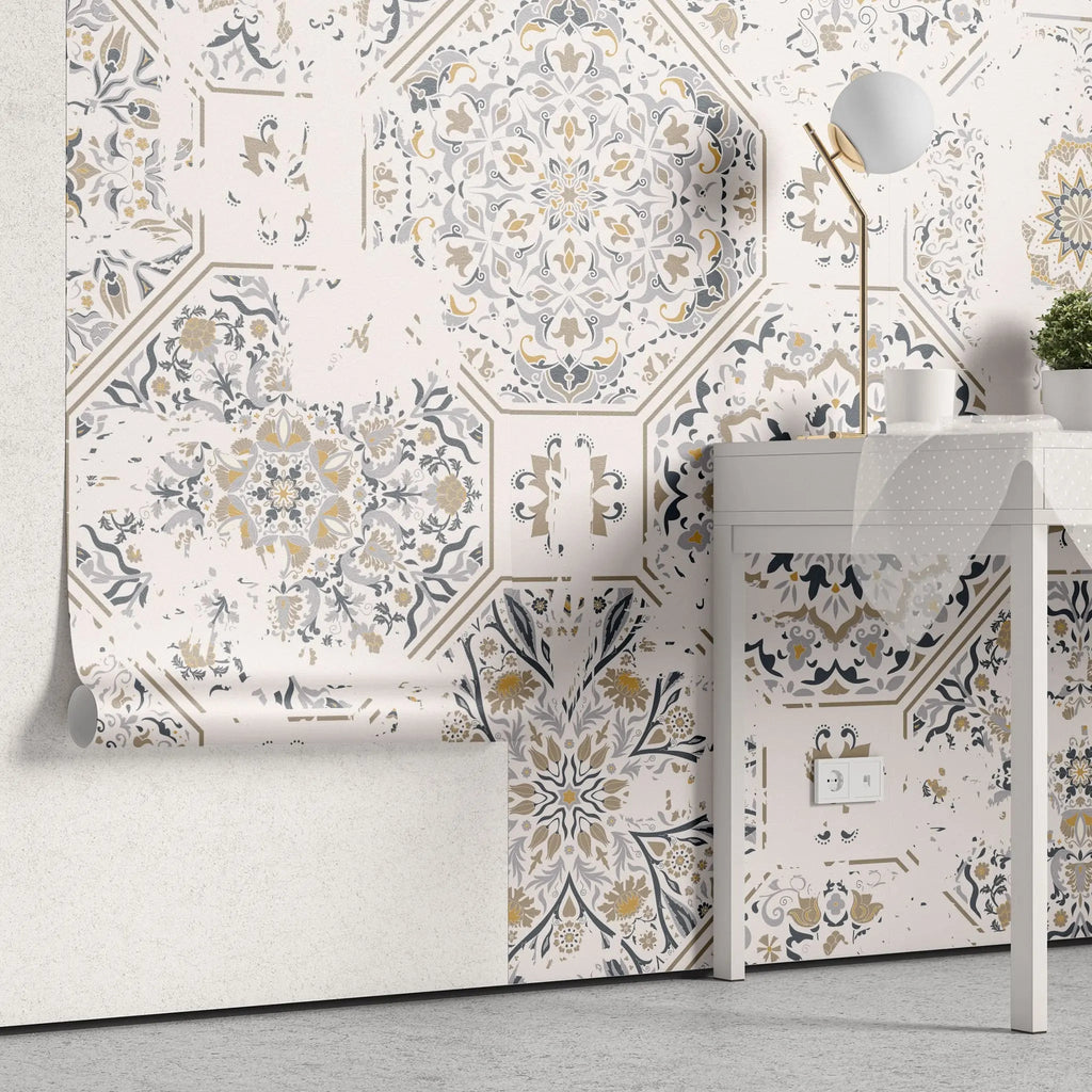 Tapet personalizat oriental cu modele de mandle in culori deschise warm mandala