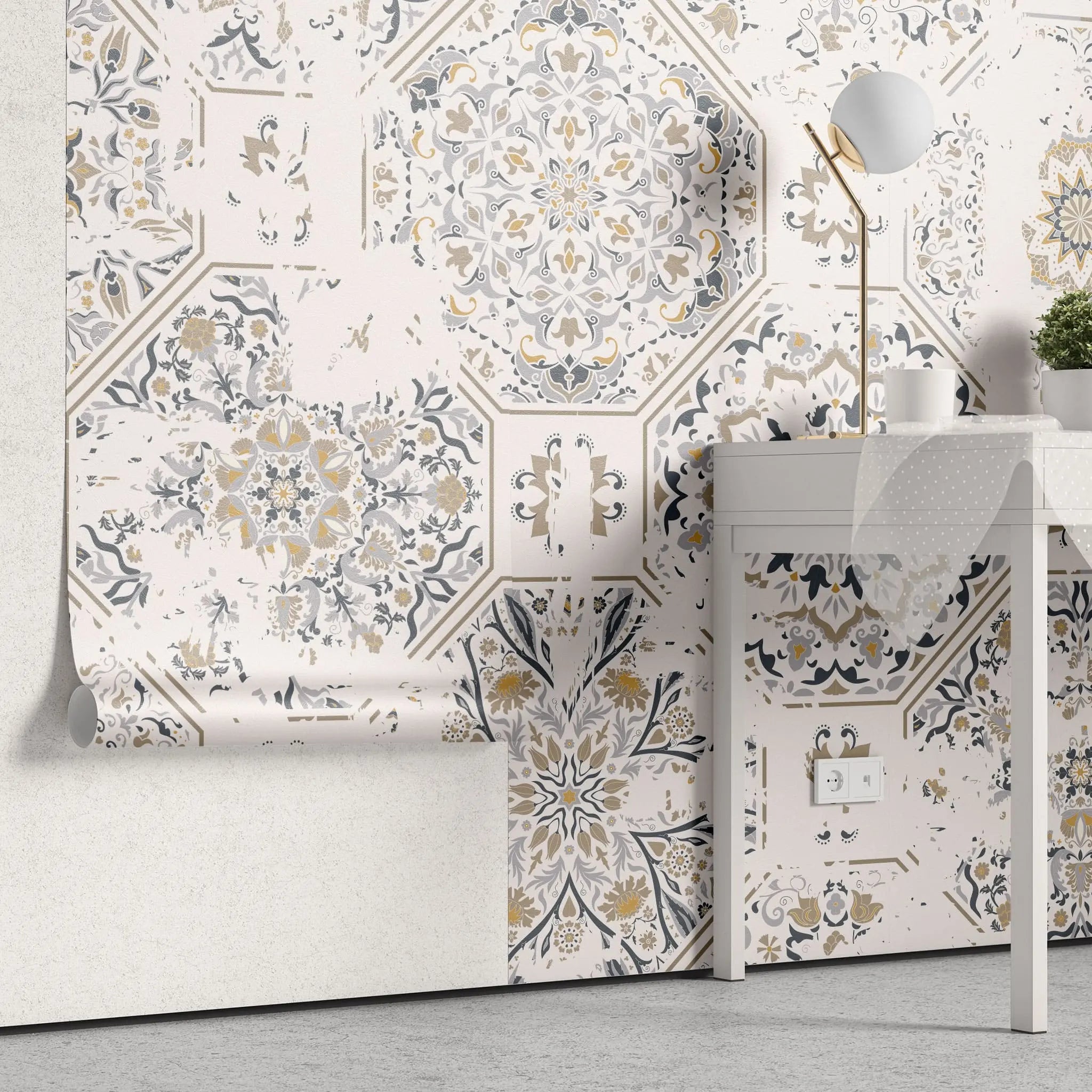 Tapet personalizat oriental cu modele de mandle in culori deschise warm mandala