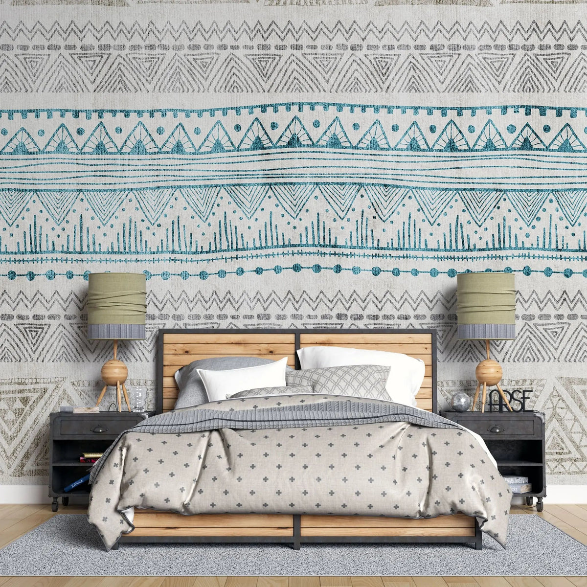 Tapet personalizat mozaic cu model aztec ikat in nuante de turcoaz si bej turqoise ikat