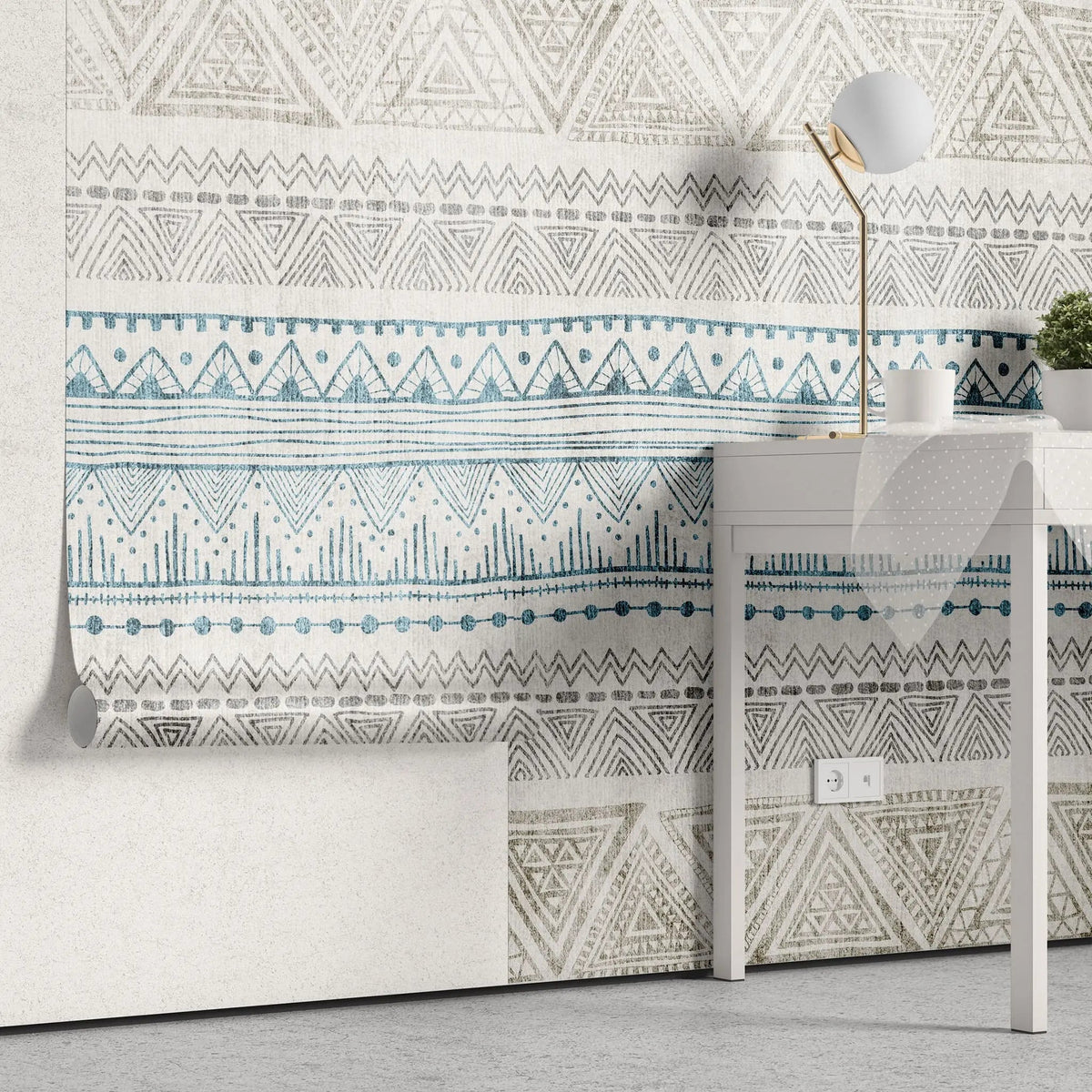 Tapet personalizat mozaic cu model aztec ikat in nuante de turcoaz si bej turqoise ikat
