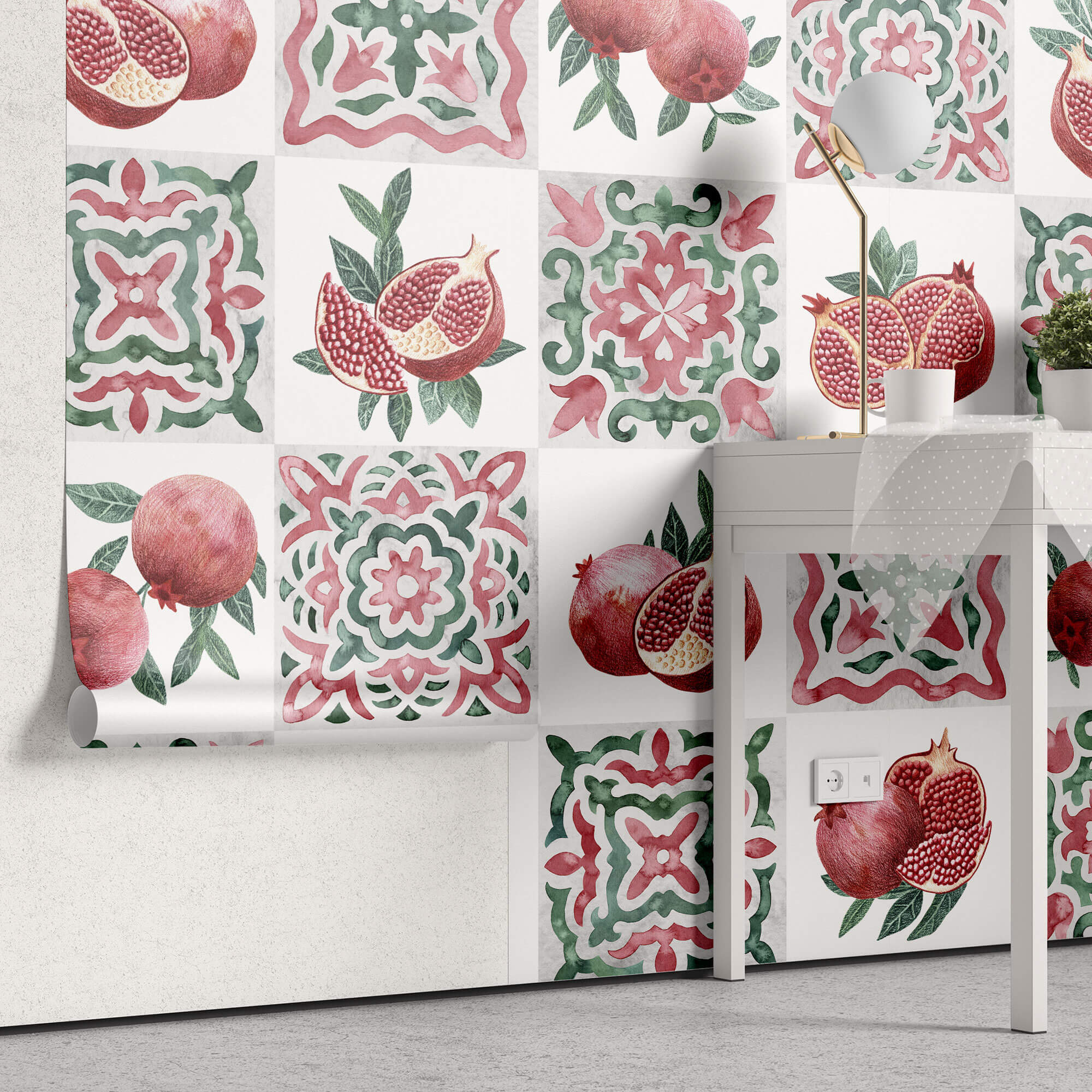 Tapet personalizat Mozaic cu mosaic fructat cu rodii - POMEGRANATE TILES