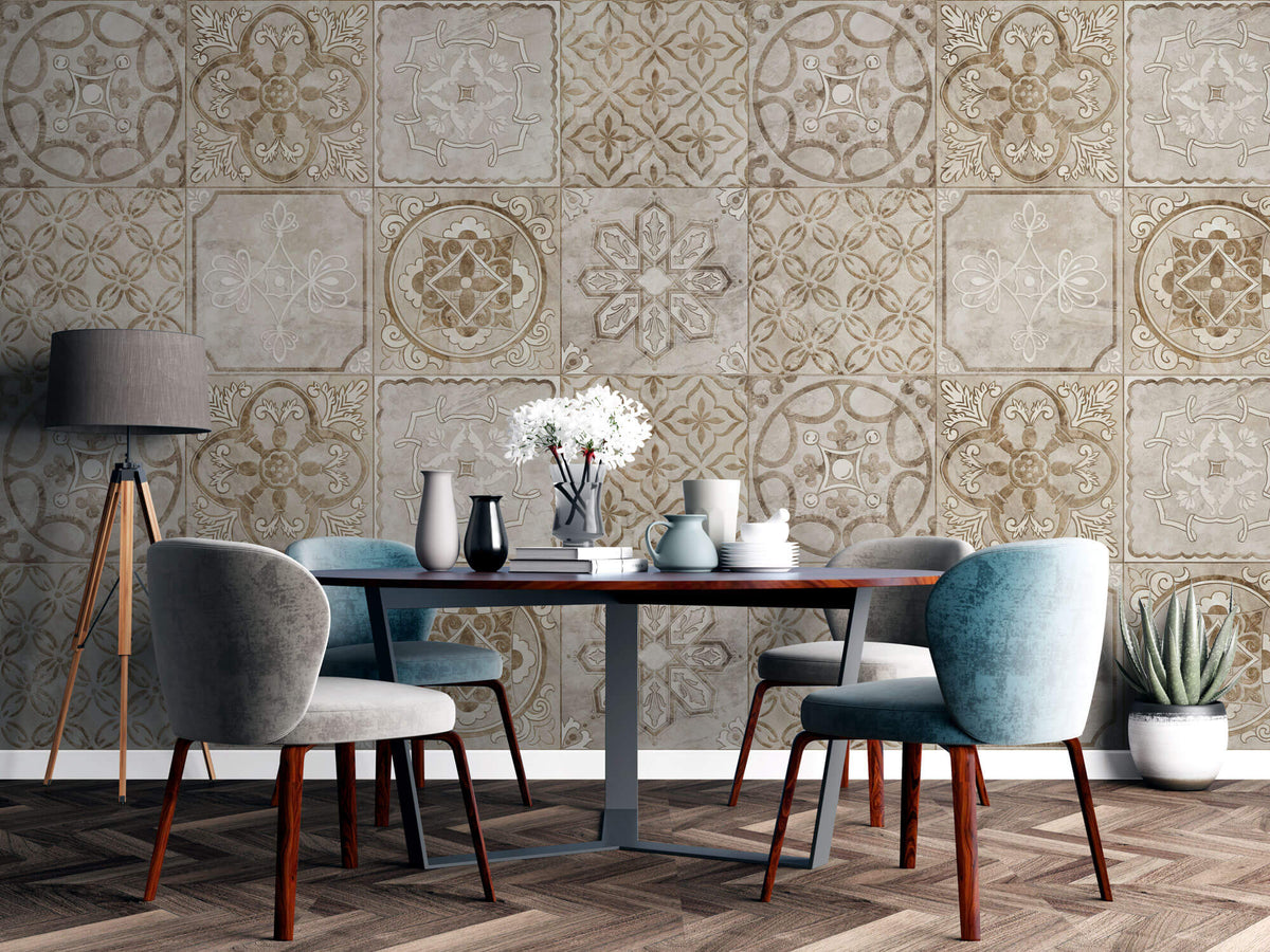 Tapet personalizat Mozaic cu elemente florale in nuante de bej granit - ANCIENT TILES