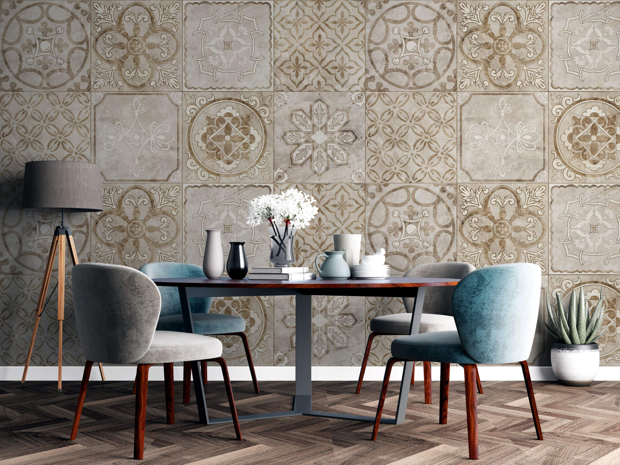 Tapet personalizat Mozaic cu elemente florale in nuante de bej granit - ANCIENT TILES