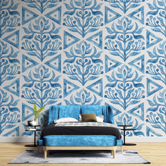 Tapet personalizat Mozaic cu elemente florale in nuante de albastru watercolor - BLUE TRIANGLE TILES