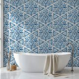 Tapet personalizat Mozaic cu elemente florale in nuante de albastru watercolor - BLUE TRIANGLE TILES