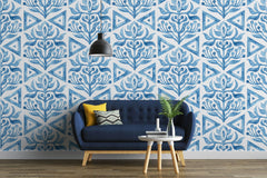 Tapet personalizat Mozaic cu elemente florale in nuante de albastru watercolor - BLUE TRIANGLE TILES