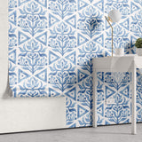 Tapet personalizat Mozaic cu elemente florale in nuante de albastru watercolor - BLUE TRIANGLE TILES