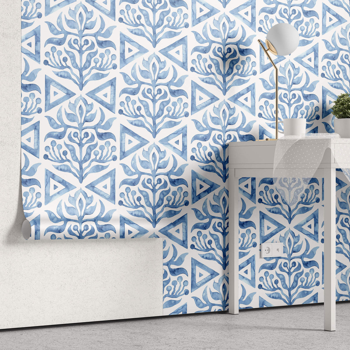 Tapet personalizat Mozaic cu elemente florale in nuante de albastru watercolor - BLUE TRIANGLE TILES