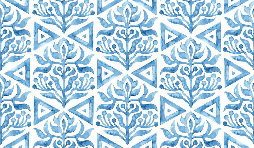 Tapet personalizat Mozaic cu elemente florale in nuante de albastru watercolor - BLUE TRIANGLE TILES