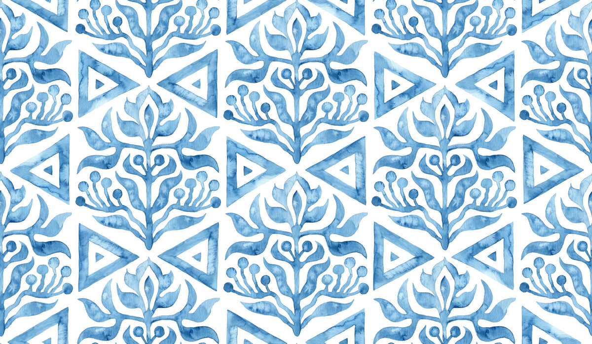 Tapet personalizat Mozaic cu elemente florale in nuante de albastru watercolor - BLUE TRIANGLE TILES