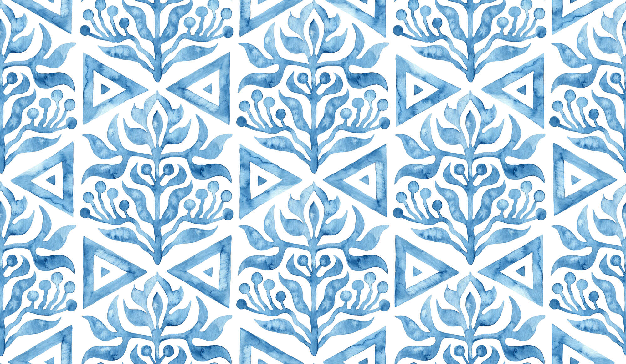 Tapet personalizat Mozaic cu elemente florale in nuante de albastru watercolor - BLUE TRIANGLE TILES