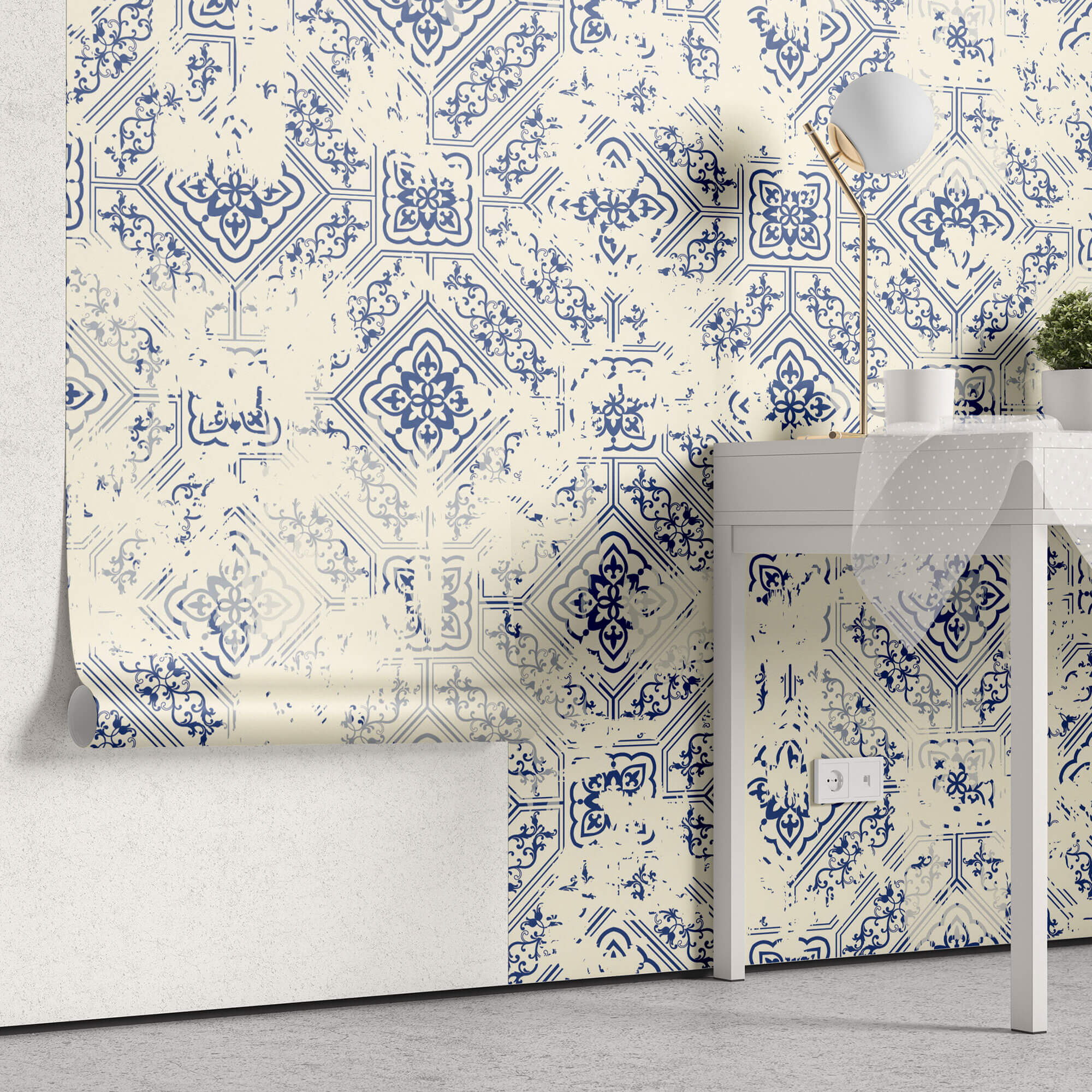 Tapet personalizat Mozaic cu mosaic texturat in nuante de albastru si crem - VINTAGE BLUE ORIENTAL