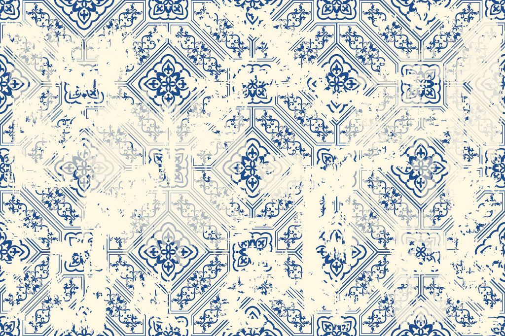 Tapet personalizat Mozaic cu mosaic texturat in nuante de albastru si crem - VINTAGE BLUE ORIENTAL