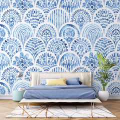 Tapet personalizat Mozaic cu mosaic albastru in nuante de albastru watercolor - BLUE ARCHES TILES