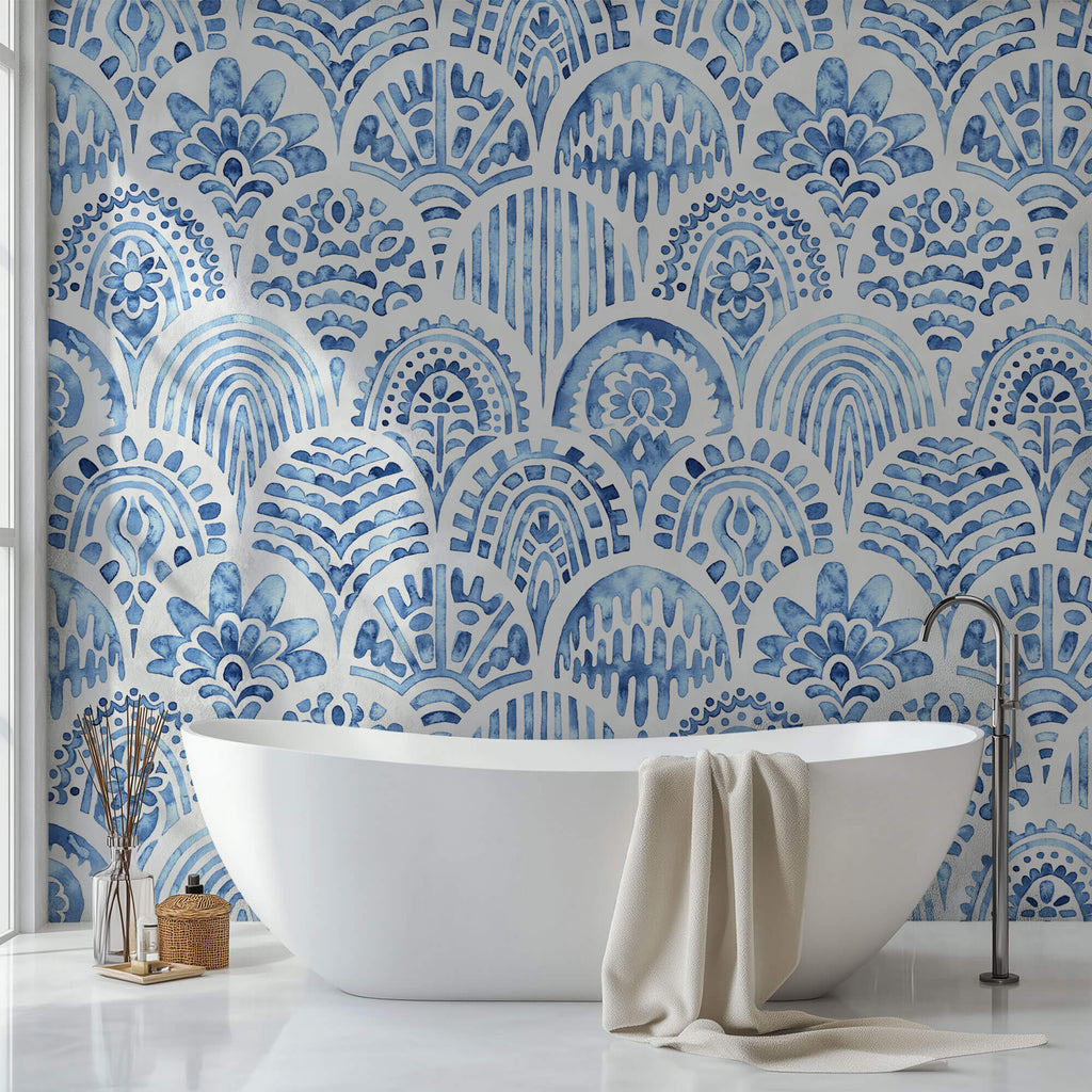 Tapet personalizat Mozaic cu mosaic albastru in nuante de albastru watercolor - BLUE ARCHES TILES