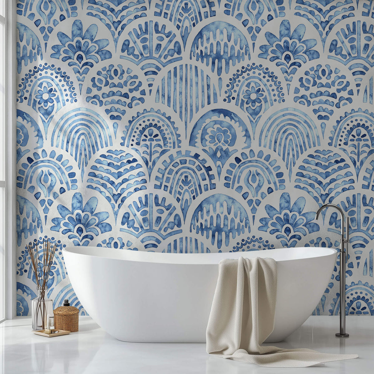 Tapet personalizat Mozaic cu mosaic albastru in nuante de albastru watercolor - BLUE ARCHES TILES