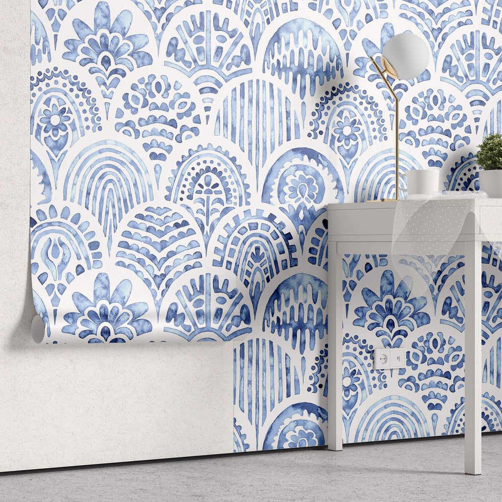 Tapet personalizat Mozaic cu mosaic albastru in nuante de albastru watercolor - BLUE ARCHES TILES