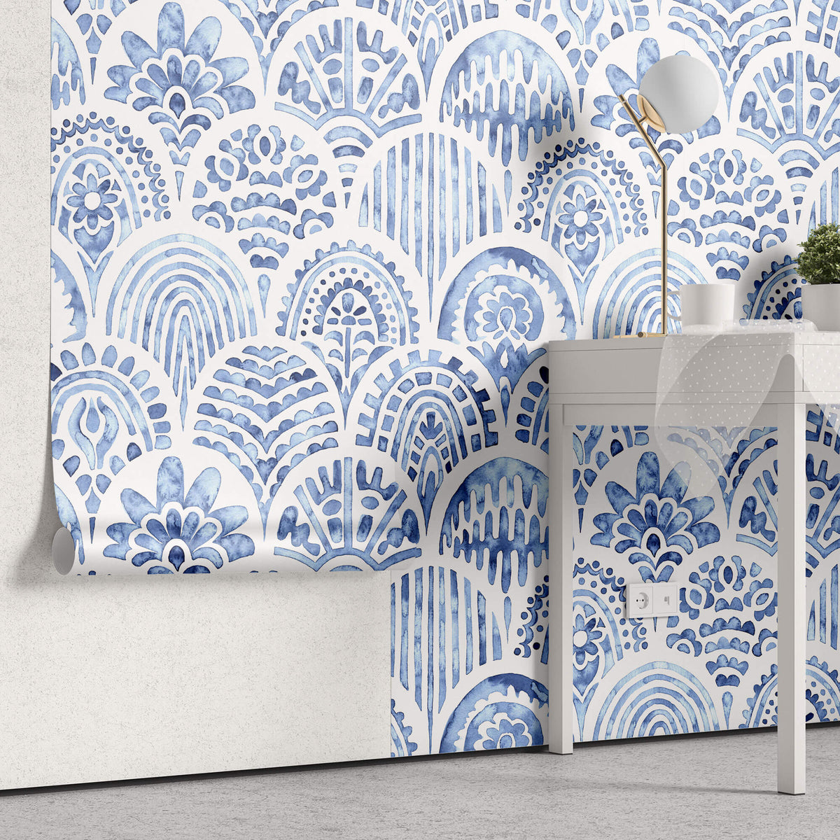 Tapet personalizat Mozaic cu mosaic albastru in nuante de albastru watercolor - BLUE ARCHES TILES