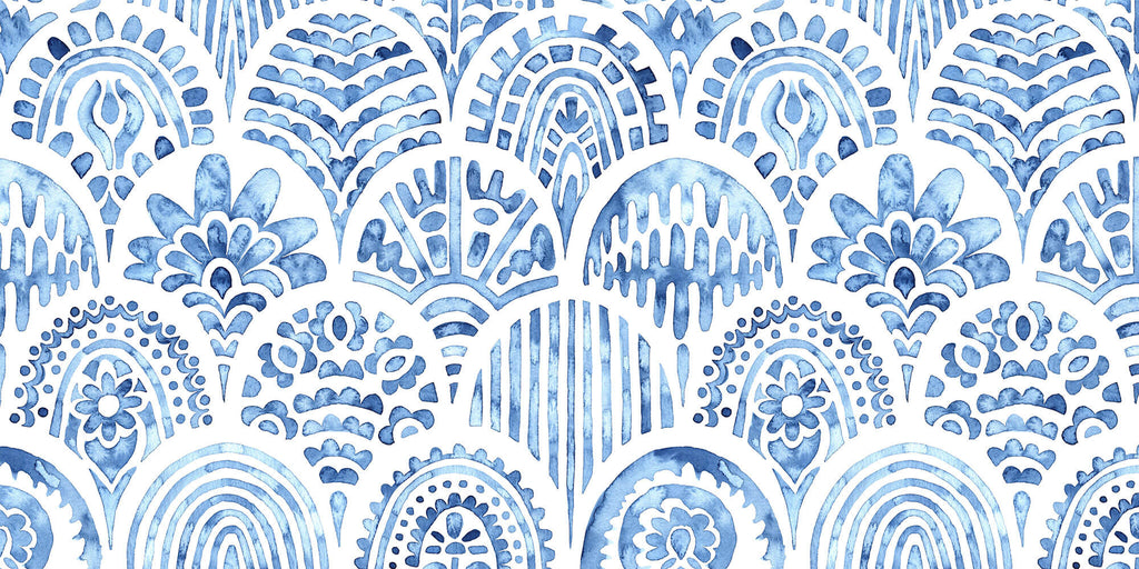 Tapet personalizat Mozaic cu mosaic albastru in nuante de albastru watercolor - BLUE ARCHES TILES