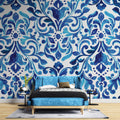 Tapet personalizat Mozaic cu pictura in nuante de albastru intens - BLUE DAMASK FLOWERS