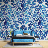 Tapet personalizat Mozaic cu pictura in nuante de albastru intens - BLUE DAMASK FLOWERS