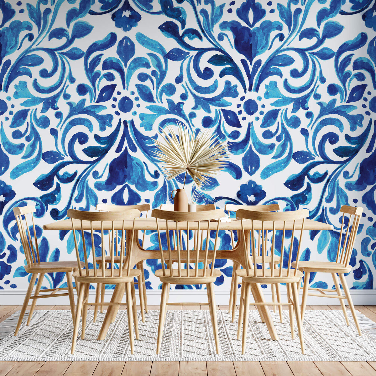 Tapet personalizat Mozaic cu pictura in nuante de albastru intens - BLUE DAMASK FLOWERS