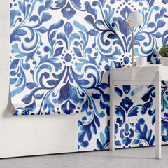 Tapet personalizat Mozaic cu pictura in nuante de albastru intens - BLUE DAMASK FLOWERS