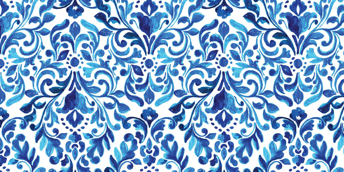 Tapet personalizat Mozaic cu pictura in nuante de albastru intens - BLUE DAMASK FLOWERS