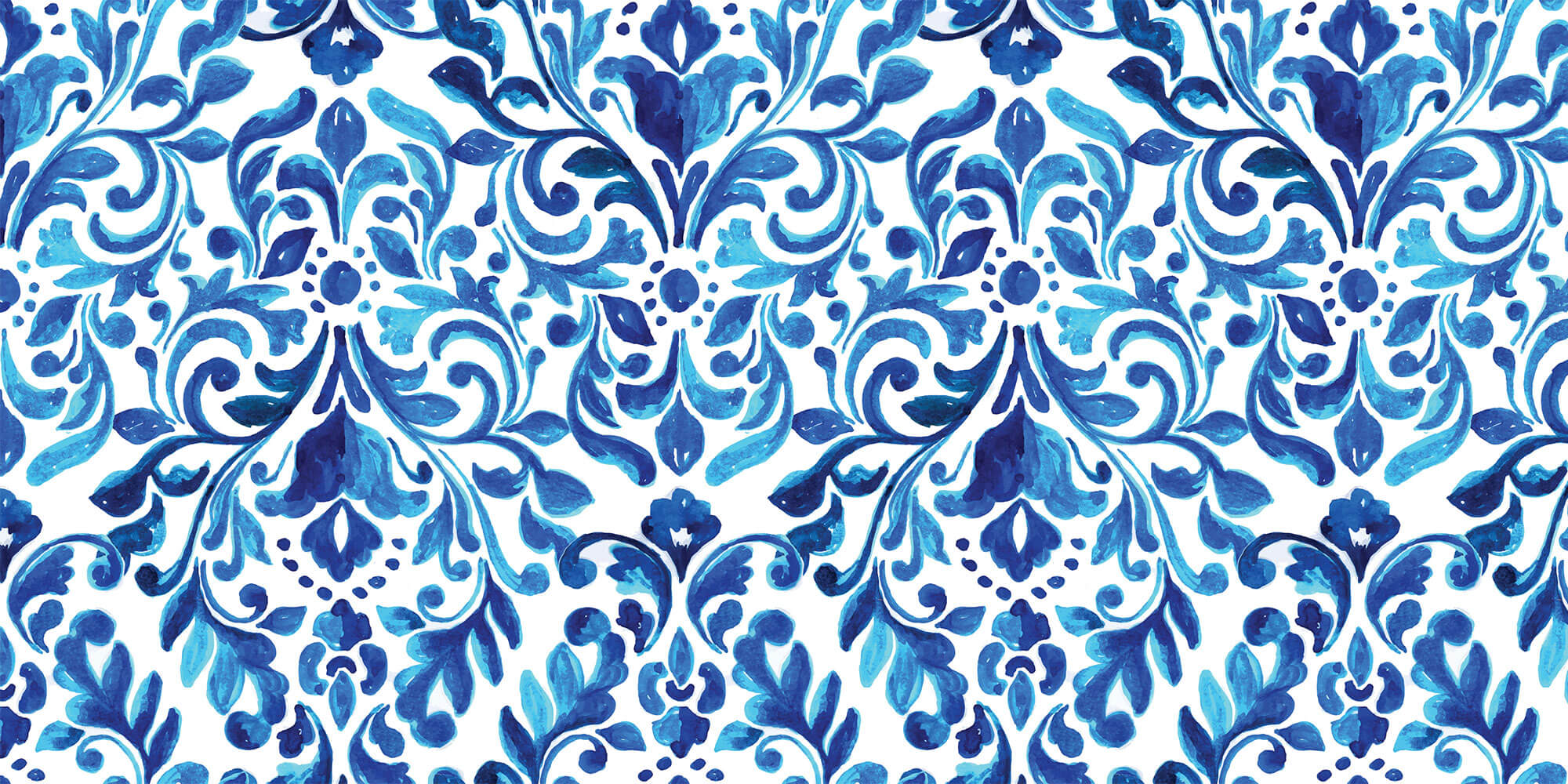 Tapet personalizat Mozaic cu pictura in nuante de albastru intens - BLUE DAMASK FLOWERS