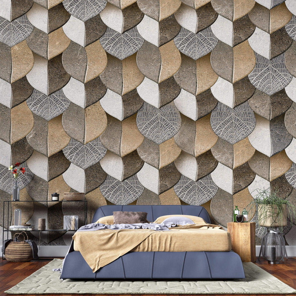 Tapet personalizat Mozaic cu frunze in nuante de bej granit - 3D BROWN LEAVES