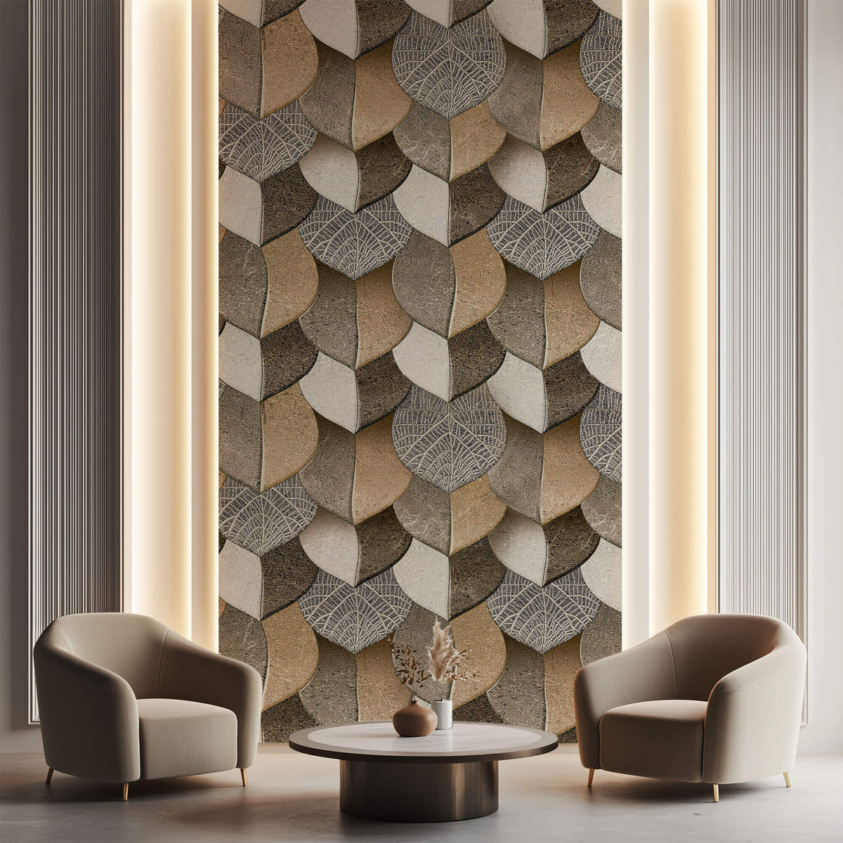 Tapet personalizat Mozaic cu frunze in nuante de bej granit - 3D BROWN LEAVES