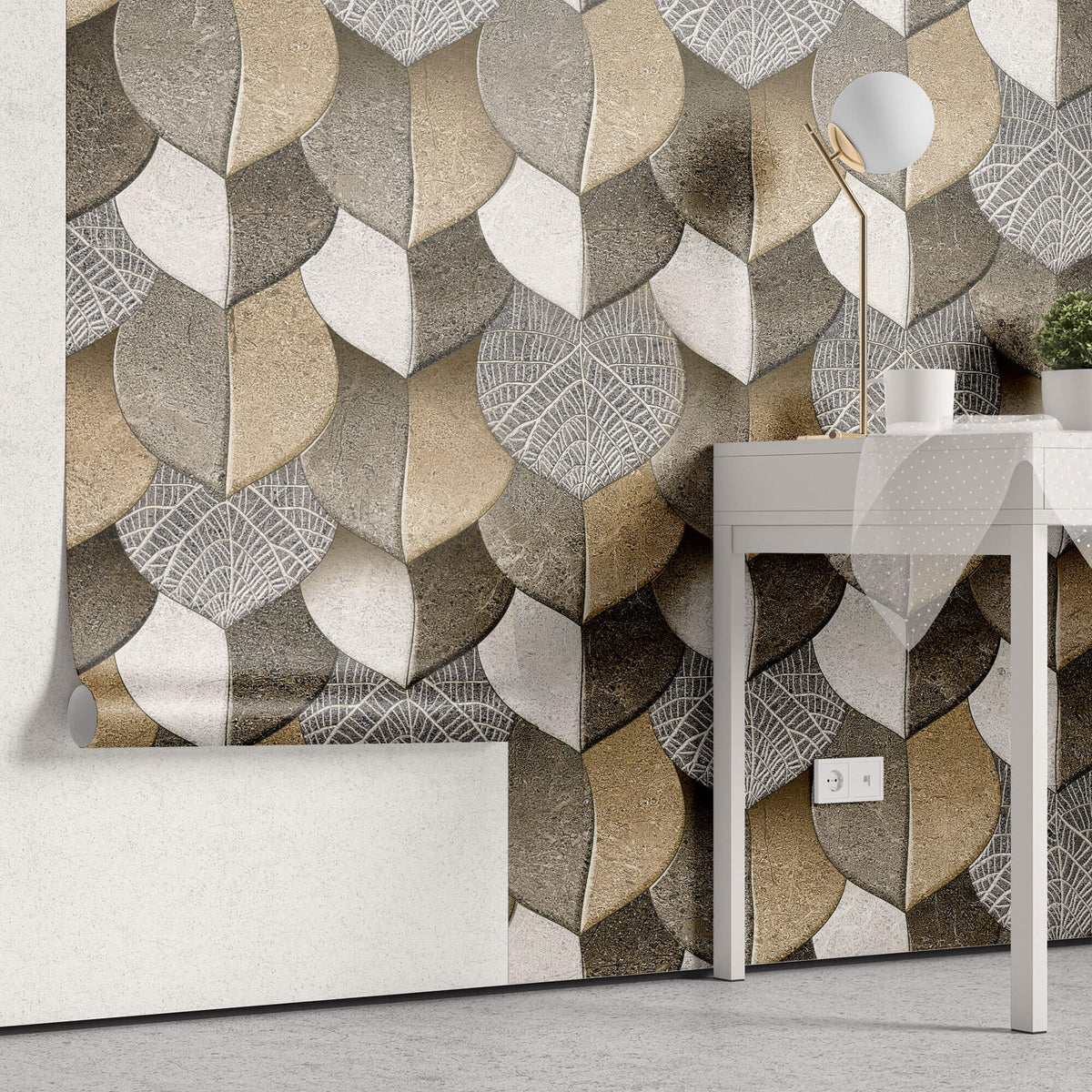 Tapet personalizat Mozaic cu frunze in nuante de bej granit - 3D BROWN LEAVES